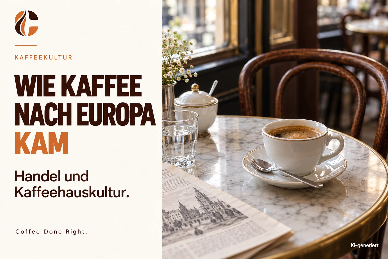 Kaffee in Europa: Handel & Kaffeehauskultur – Kaffeetasse auf einem Marmortisch in einem klassischen Kaffeehaus