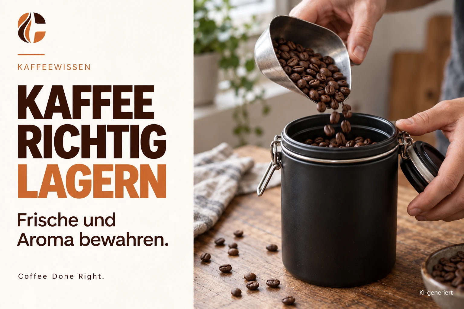 Kaffee richtig lagern: Bohnen und Aroma – Kaffeebohnen werden in einen lichtdichten Vorratsbehälter gefüllt