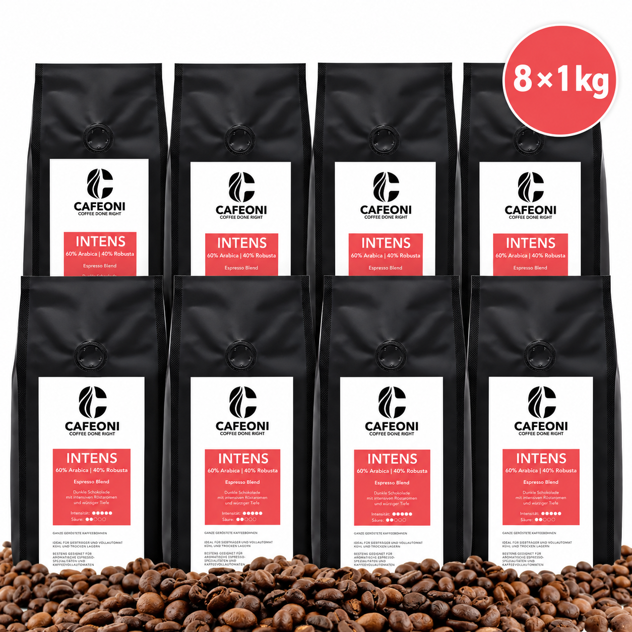 CAFEONI Vorratspack – 8 × 1 kg Kaffeebohnen