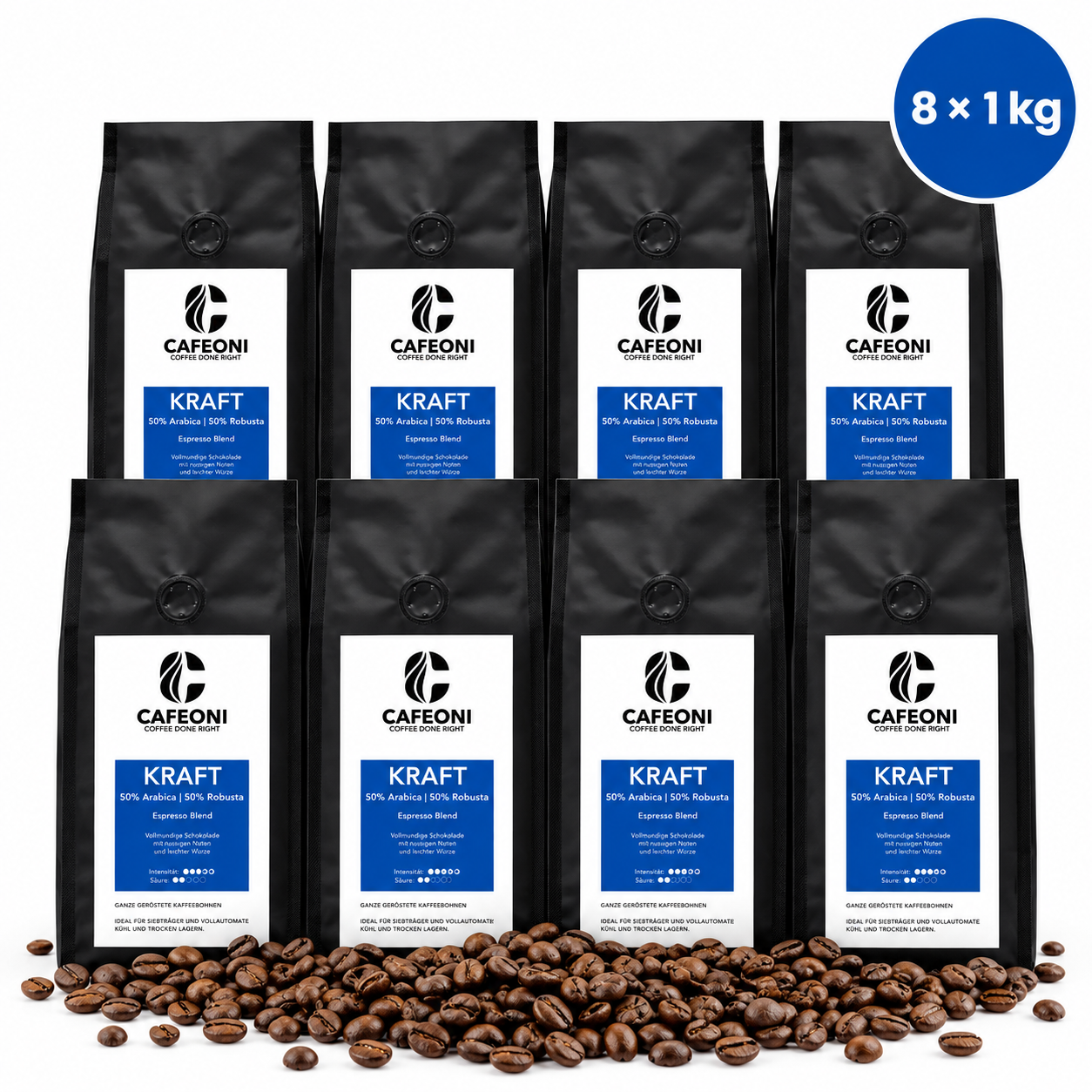 CAFEONI Vorratspack – 8 × 1 kg Kaffeebohnen
