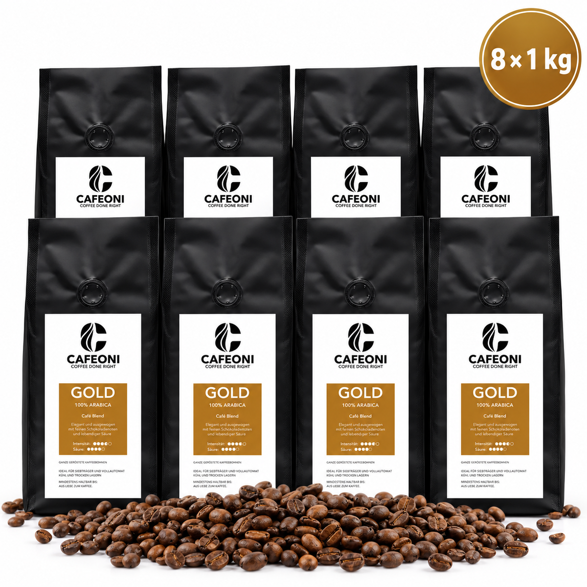 CAFEONI Kaffeebohnen Vorratspack mit acht einzeln verpackten 1-kg-Beuteln einer Sorte