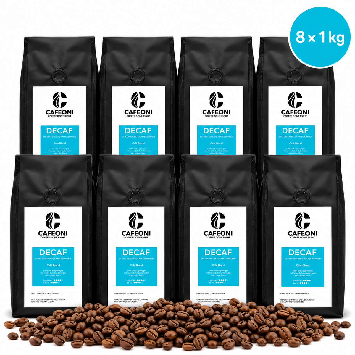 CAFEONI Kaffeebohnen Vorratspack mit acht einzeln verpackten 1-kg-Beuteln einer Sorte